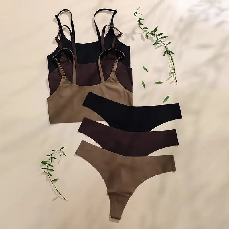 YMQJ Heißer Verkauf Hohe Qualität Neue Design Uns Größe Stilvolle Feste Eis Seide Nahtlose Drahtlose Bhs Und Frauen Unterwäsche Set