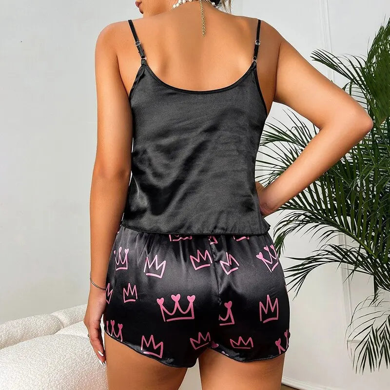 Pyjamas Damen Sexy Dessous Satin Nachtwäsche Seide Cami Shorts Set Weiche Schlaf Pjs 2-teilige Nachtwäsche Print Pyjamas Mujer Homewear