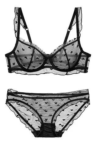 YUQI Französisches Dienstmädchen-Dessous-Set, sexy Spitzenunterwäsche, herzförmiger Push-up-BH mit Stahlringen, Anti-Durchhang-Büstenunterstützung für Damen