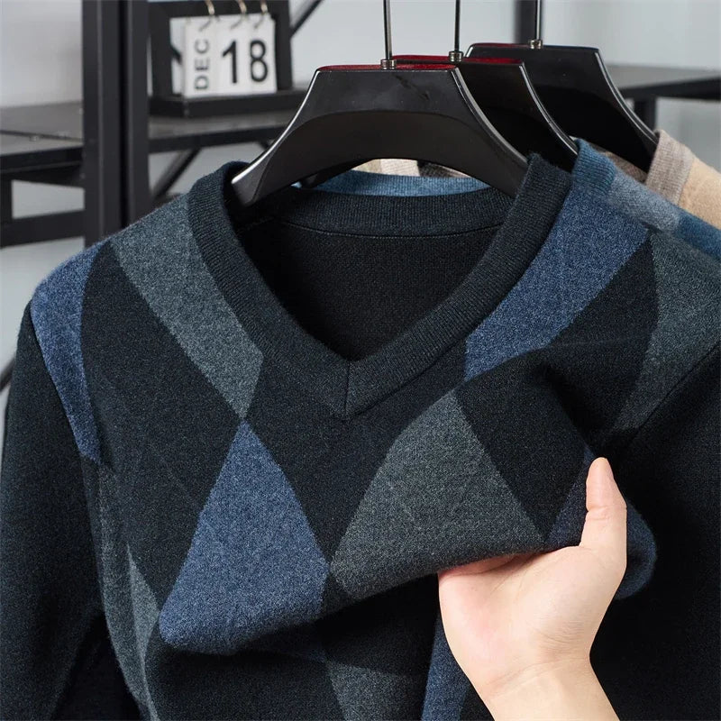 Winter Warm Neue männer Plaid V-ausschnitt Langarm Pullover Gestrickte Pullover Mode Lässig Vielseitig Top