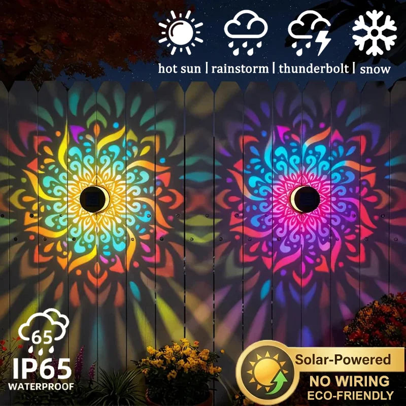 Solar-Wandleuchte mit Mandala-Muster-Projektion, Wasserdichte LED-Energiespar-Dekorationsleuchte, Solar-Zaunbeleuchtung mit Warmem Muster-Projektor