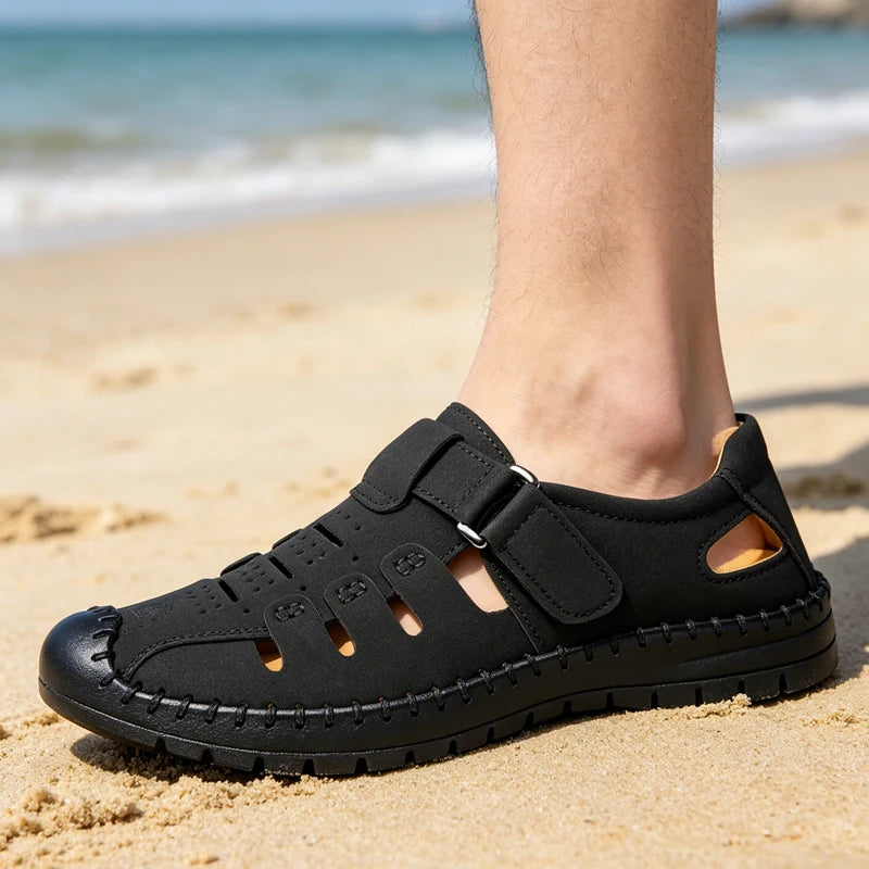 Herren Sommer-Halbschuhe aus Leder mit Lochmuster, atmungsaktiv, bequem, rutschfest, weiche Sohle, Outdoor-Freizeitschuhe - 1375