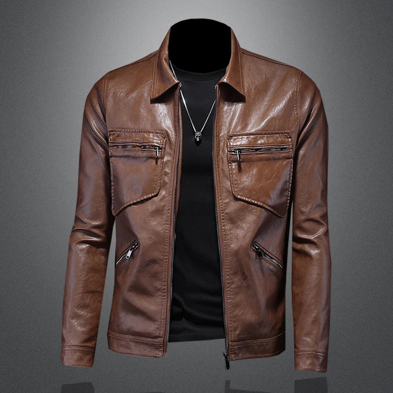 2024 Herbst und Winter neue Herrenmode schönen Trend Geschäft Freizeit Revers Motorrad Ledermantel schlanke stilvolle Mann M-4XL