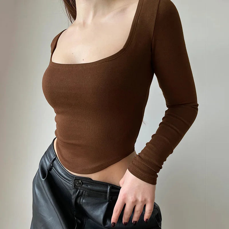 Quadrat Kragen Langarm Casual Frauen T Shirts Grün Herbst Dünne Sexy Solide Grund Crop Tops Mode Streetwear