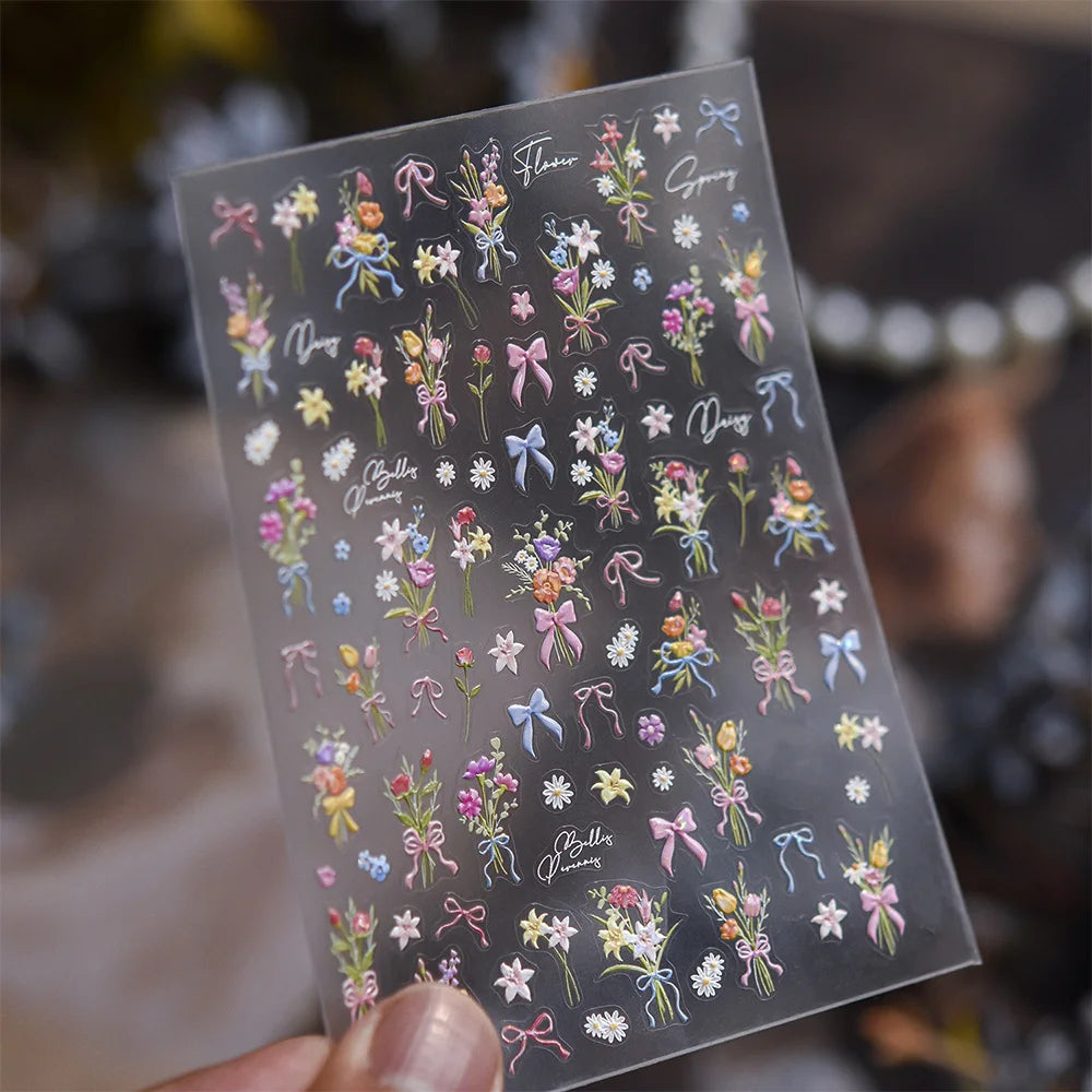 1 Stück 5D Elegante Rosa-Weiß-Blaue Blumen-Nagelaufkleber Aurora-Muschel Grüne Blätter Nagelsticker Selbstklebende Mini-Blumen-Nageldekoration