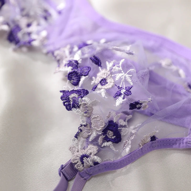 Lila Stickerei Sexy Dessous Set Hot Semi-Sheer Temptation BH und Höschen Sets Fancy Erotik Nachtwäsche Schöne Unterwäsche