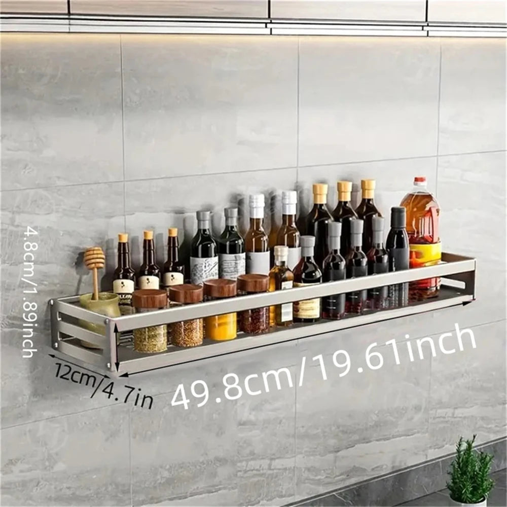 Wandmontiertes Gewürzregal aus Aluminium, multifunktionales Gegenstandsregal, Küchenutensilien, Haken, Aufbewahrungsregal für Küchengewürze
