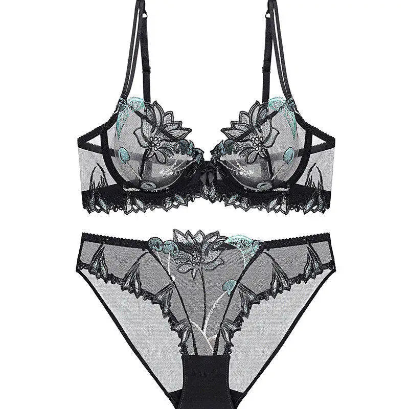 Eleganter Kirschblüten-Stickerei-Spitzen-Bügel-BH, ultradünn, Minimizer, stützend, Anti-Sagging, seitlich glättend für große Brüste, Größen 32-38, Set