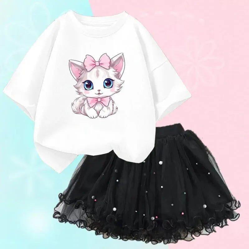 Nette Sommer Mädchen Outfits Cartoon Katze T-shirt und Tutu Rock 2 teil/satz Mädchen Prinzessin Kleidung Anzug Kinder Geburtstag Kleidung