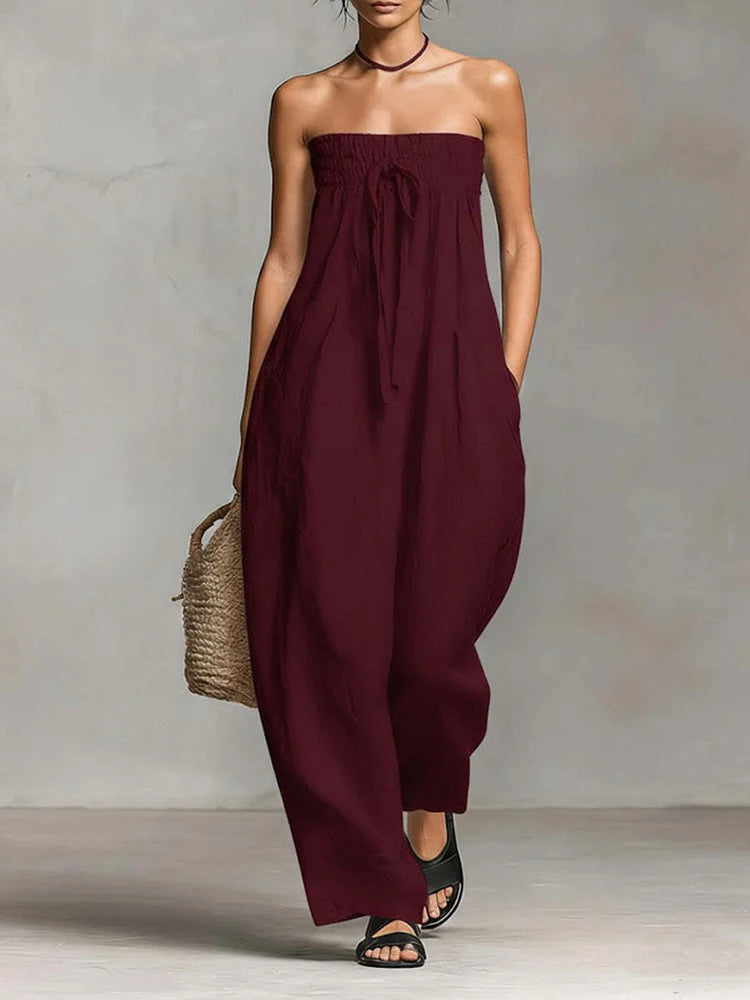 Damen Trägerloses Tube-Top Leinen-Jumpsuit mit Elastischem Gerafftem Oberteil, Sommerlicher Lässiger Ärmelloser Weiter Overall, Streetwear-Romper