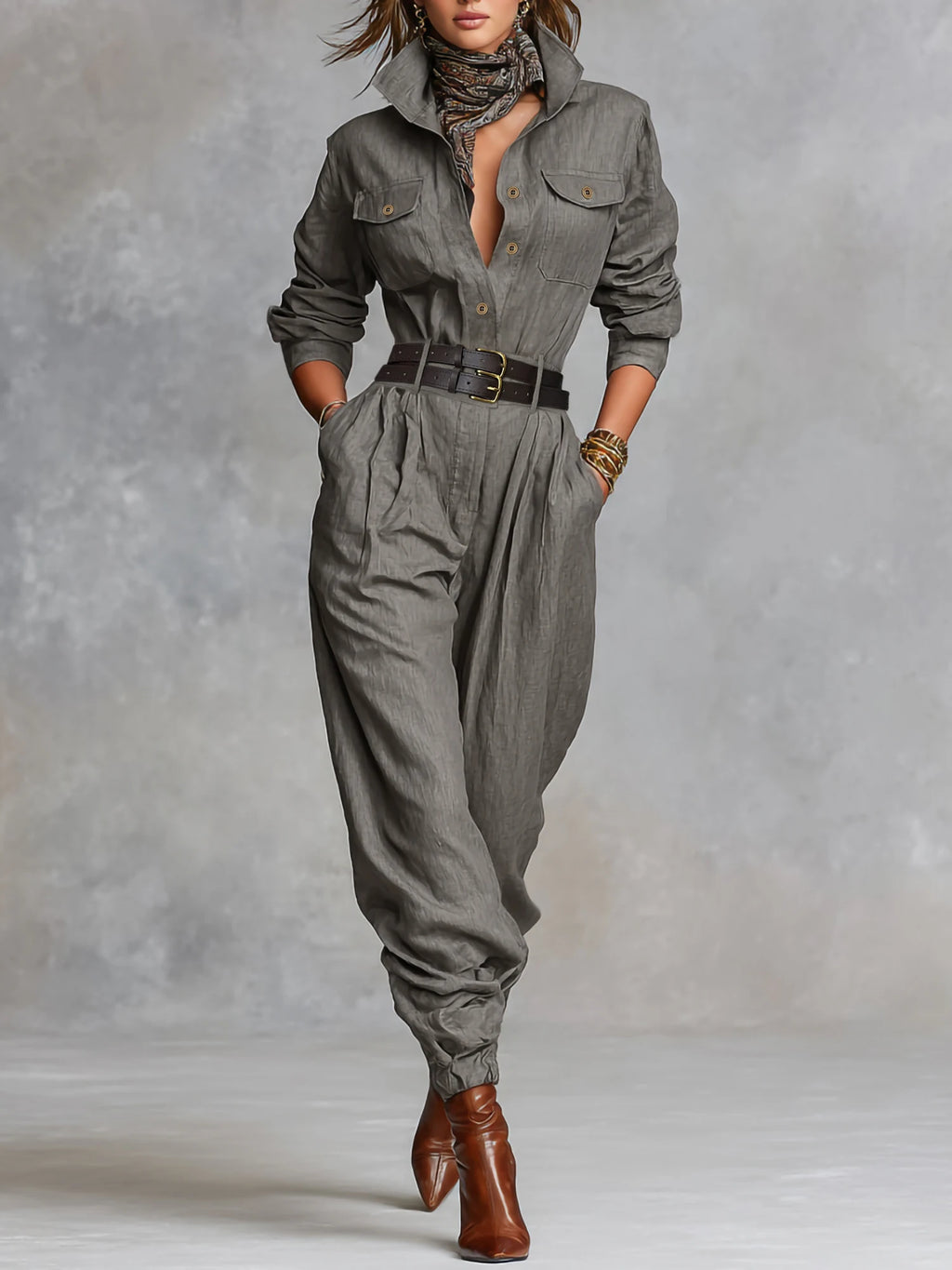 Damen Casual Utility Jumpsuit mit Doppelgürtel - Reverskragen Knopfleiste Langarm Haremshose Einteiler
