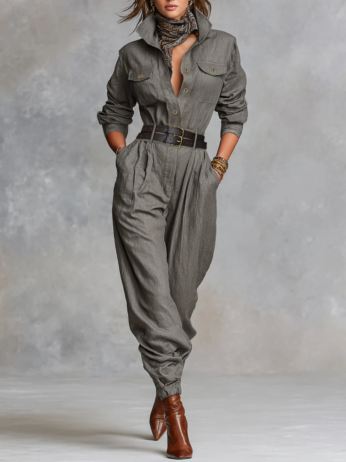 Damen Casual Utility Jumpsuit mit Doppelgürtel - Reverskragen Knopfleiste Langarm Haremshose Einteiler