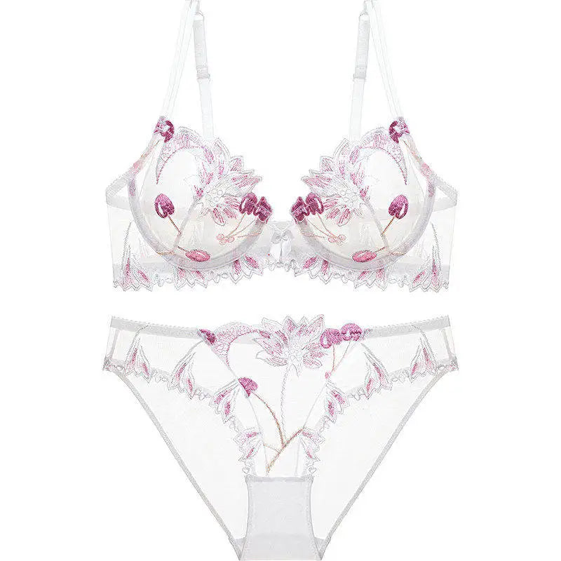 Eleganter Kirschblüten-Stickerei-Spitzen-Bügel-BH, ultradünn, Minimizer, stützend, Anti-Sagging, seitlich glättend für große Brüste, Größen 32-38, Set