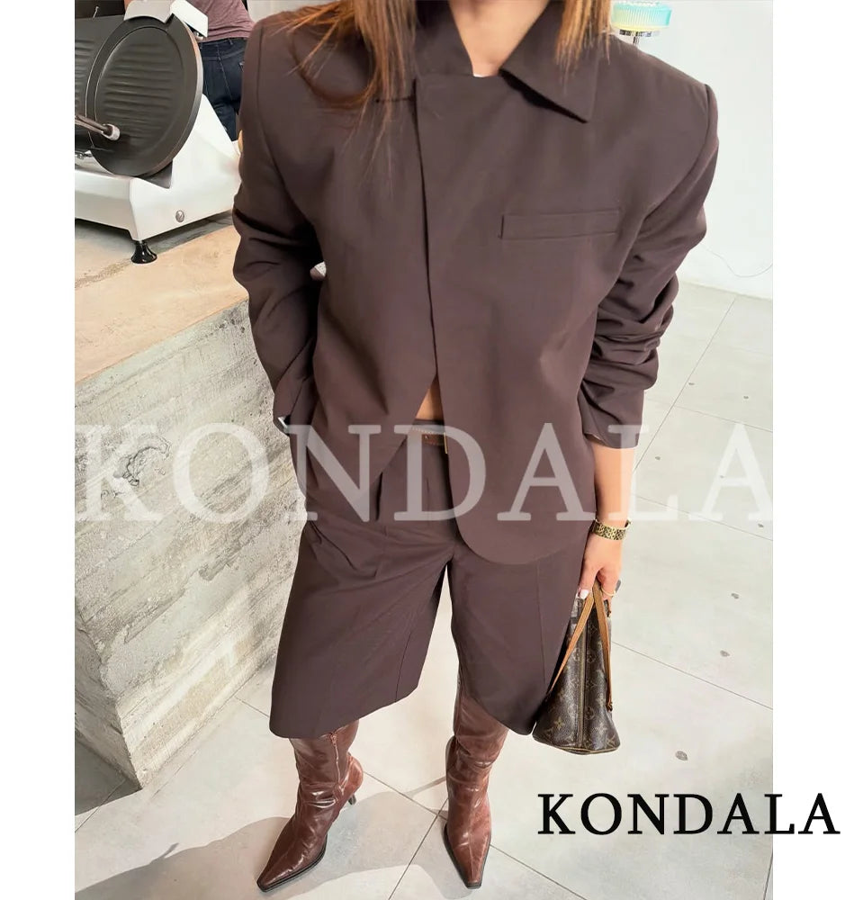 KONDALA Trendiges Pendler-Blazer-Shorts-Set für Damen Eleganter Brauner Blazer, Cropped-Hose 2026 Frühling Sommer Schickes High-Street-Hosen-Set