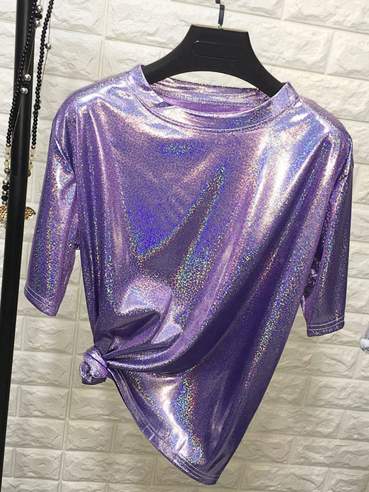 Neue sommer retro stilvolle helle seide frau tops glänzend lose kurzarm t-shirt sexy club ästhetischen harajuku frauen t-shirt