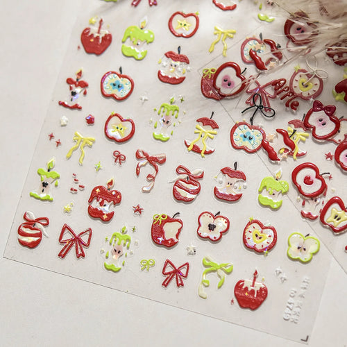1 Blatt Muschel-Glühen-Kerzenförmige Apfelkern-Nagelaufkleber, niedliche Apfelschale, Schleife, Krawatte, selbstklebende Nagelaufkleber, DIY, Weihnachten und *