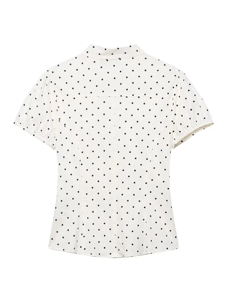 HH Damen Elegante Bluse mit Schleife und Schnürung Kurze Puffärmel Knopfleiste Sommer-Freizeithemd Gepunktetes Schickes Oberteil