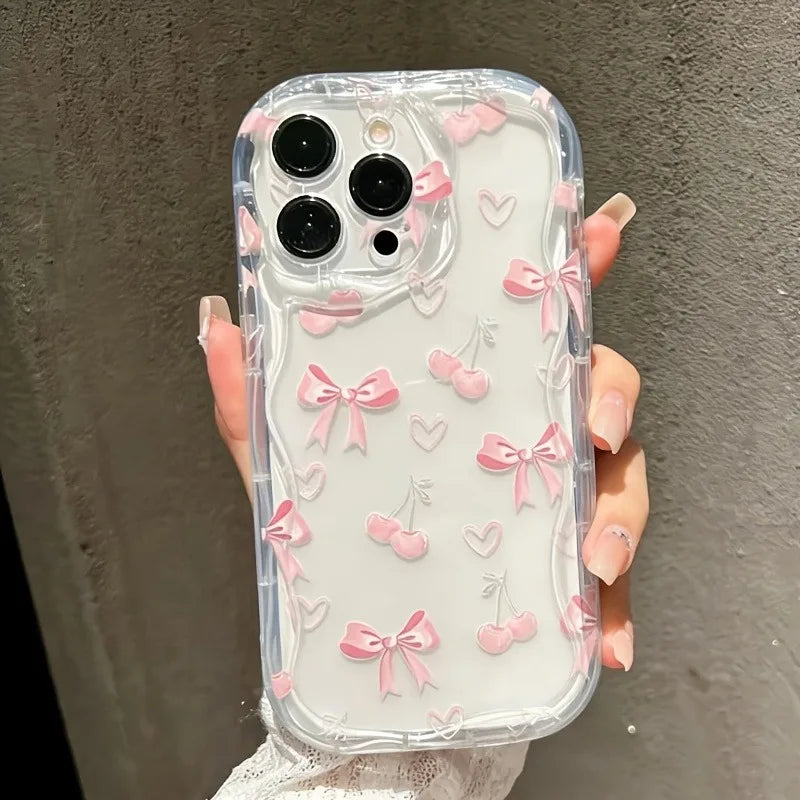 Rosa Kirschblüten-Schleifenmuster Wellenrand-Handyhülle für iPhone 17 Pro Max 16 15 14 Plus 13 12 11 Pro Max 16e 17e Transparente Hülle