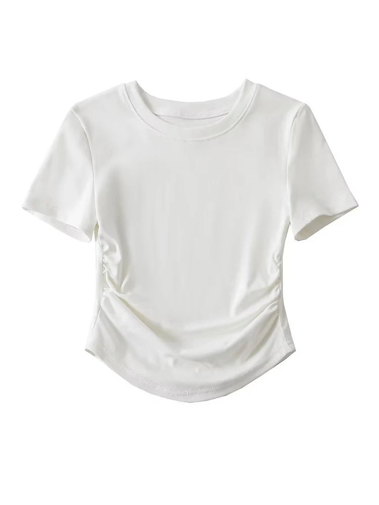 Harajuku Damen-T-Shirt aus Baumwolle mit Rundhalsausschnitt und gerüschten Seitendetails