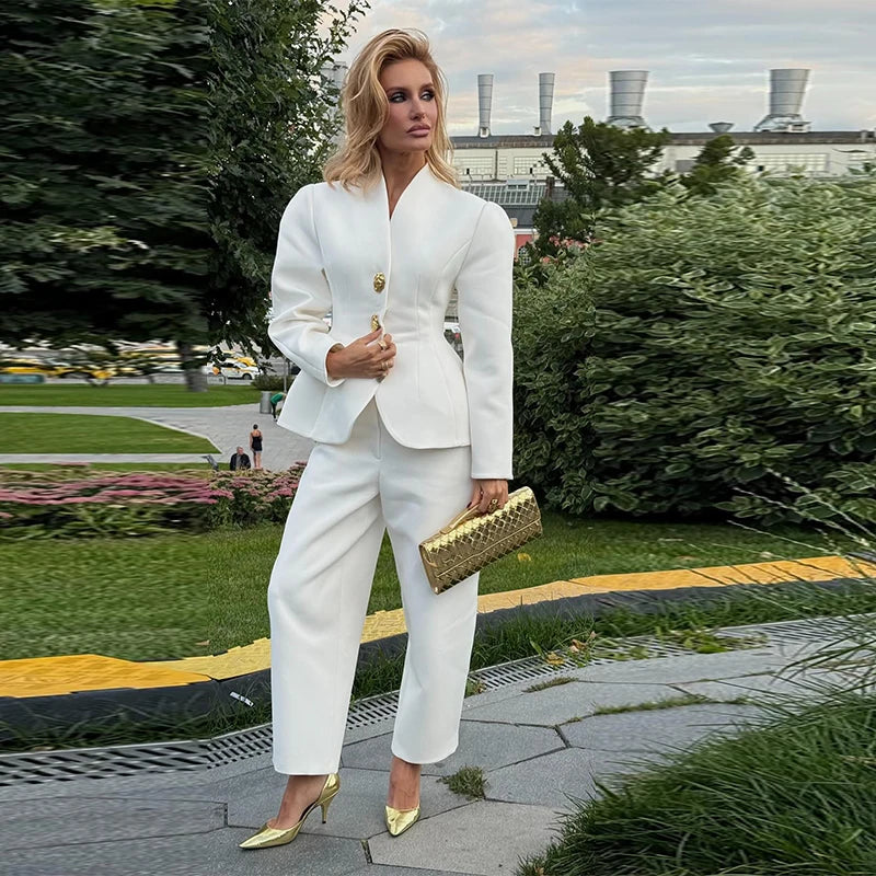 Elegante Anzug Jacke Hosen Set Frauen Schlank V-ausschnitt Puff Sleeve One Button Blazer Solide Gerade Hose 2025, Dame Büro Outfit