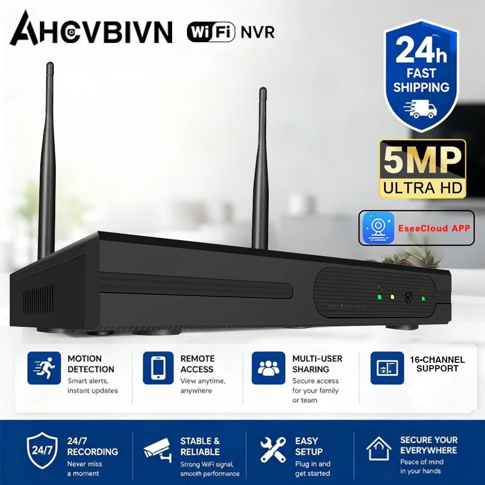 16-Kanal Kabelloser WiFi NVR H.265 5MP Netzwerk-Videorekorder ESeeCloud APP Fernansicht P2P IP-Kamera-Rekorder Heim-CCTV-Überwachung