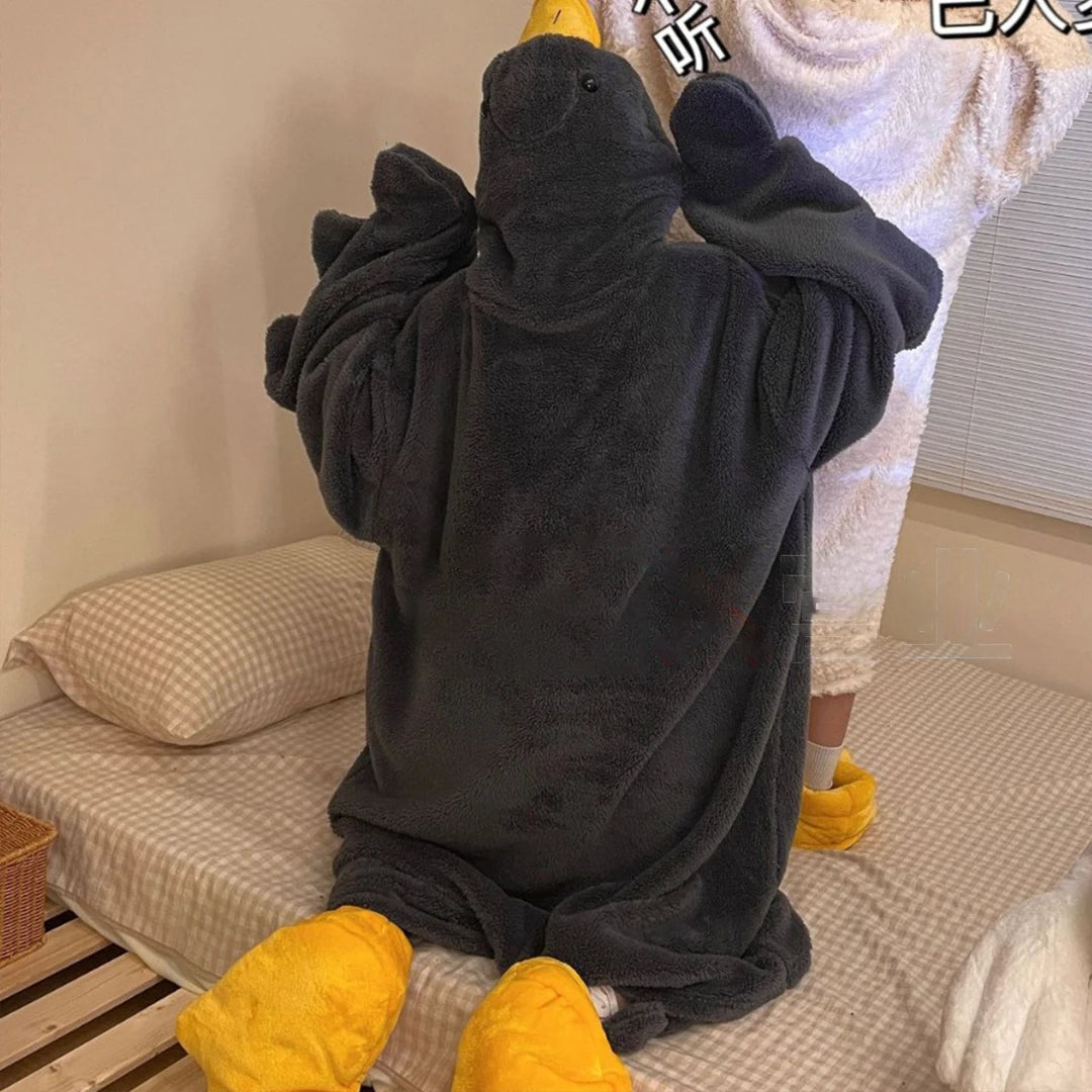 Cartoon Große Gans Robe Korallen Fleece Mit Kapuze Pyjama Lustige Ente Cosplay Paar Nachthemd Plüsch Nachtwäsche Hause Kleidung
