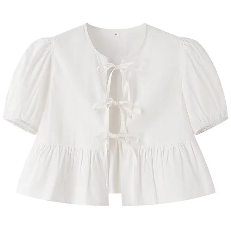 HXAO Crop Bow Bluse Damen-Hemd, Herbst 2022, lockeres schwarz-weißes Leoparden-Hemd, modische Ausschnitte, Schnür-Puff-Kurzarmhemden