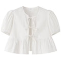 HXAO Crop Bow Bluse Damen-Hemd, Herbst 2022, lockeres schwarz-weißes Leoparden-Hemd, modische Ausschnitte, Schnür-Puff-Kurzarmhemden