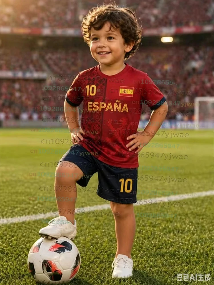Spanien Fußballtrikot 2026 Jugend T-Shirt & Shorts für Jungen und Mädchen Trainingsanzug Harajuku Sommer Casual Kinder T-Shirt Set 2-teiliges Set