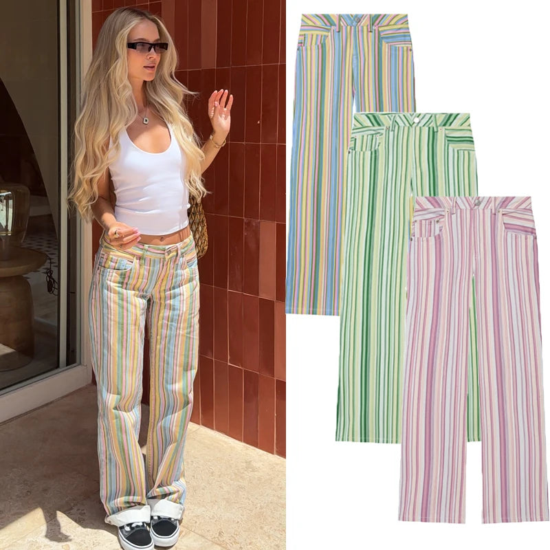 Bunte Streifen-Jeanshosen für Damen, lässige, gerade geschnittene Hosen, Damen-Hosen mit weitem Bein, Streetwear, Damen-Mode-Denim-Hose