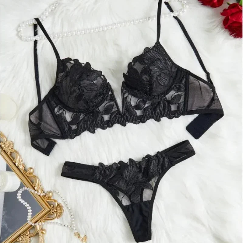 Feen-Dessous mit Blumenmuster, Valentinstag, bezaubernde kurze Höschen-Unterwäsche, sexy Nachthemd, ausgefallene V-Unterwäsche, Slip-Set für Damen, durchsichtiger BH