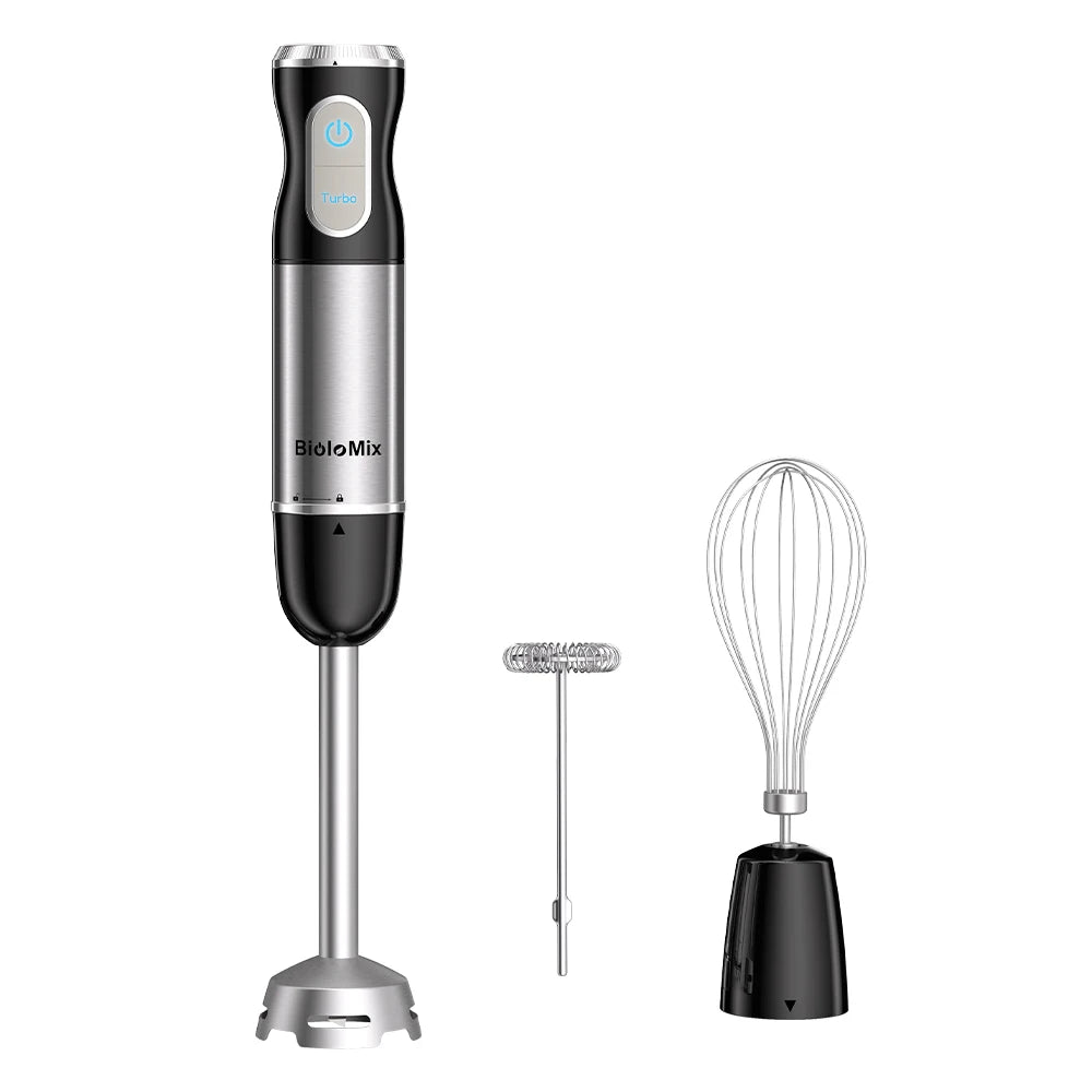 BioloMix 3-in-1-Tauchmixer aus Edelstahl, mit scharfen Klingen, Schneebesen und Milchaufschäumer, zur Herstellung von Babynahrung und Püree