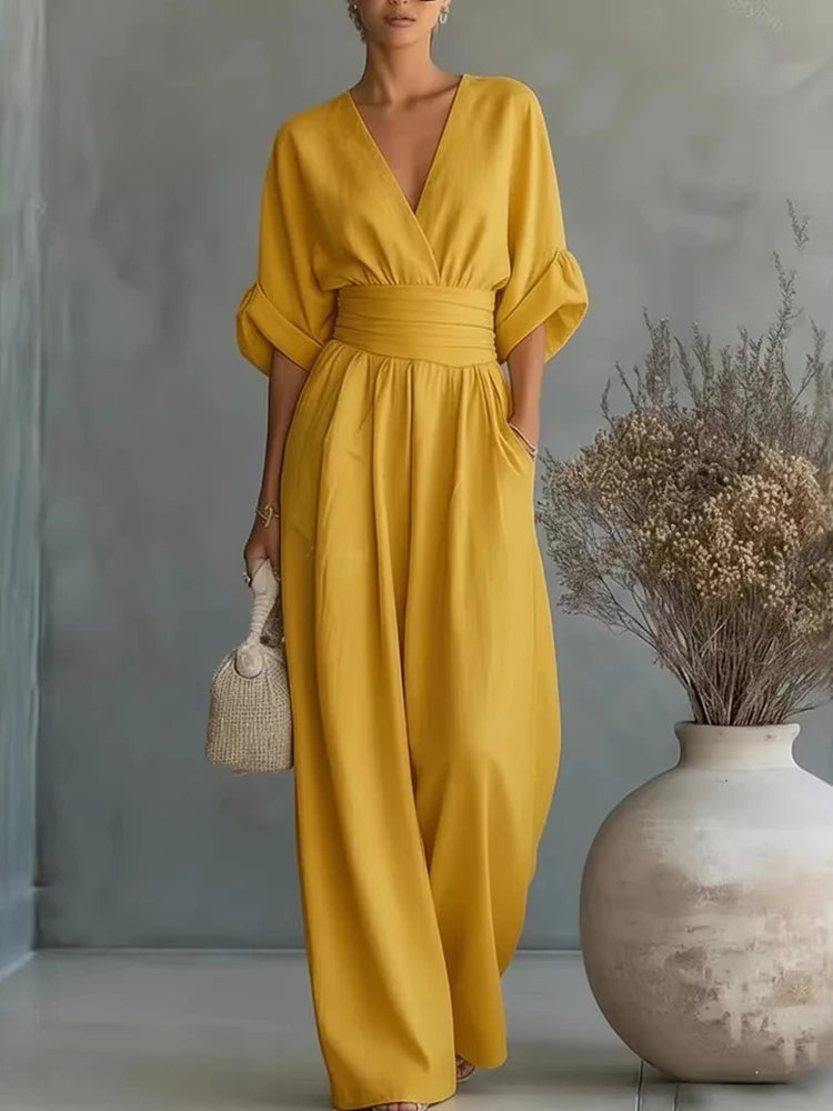 Elegante Damen-Jumpsuits mit hoher Taille, Sommer-Kurzarm-Overalls mit weitem Bein, lässige V-Ausschnitt-Jumpsuits in Unifarben, lockere Streetwear