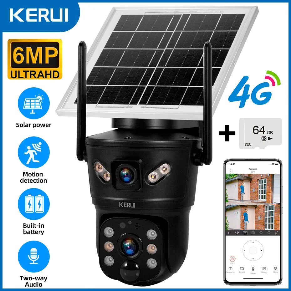 KERUI Outdoor 6MP 4G SIM WIFI Solar Kamera Dual Objektiv Kamera Solar Panel Wasserdicht Home Security CCTV Video überwachung V380
