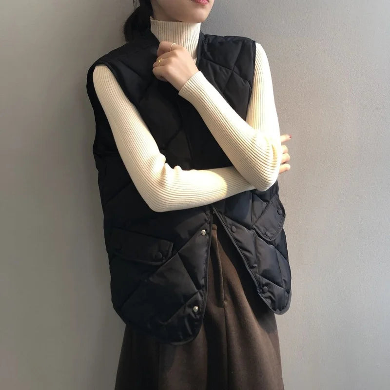 Frauen Herbst Winter Weste Ärmellose Strickjacke Stepp Jacke Chic Tops Warme Taste Tasche Neue Feste Argyle Weste Design Westen