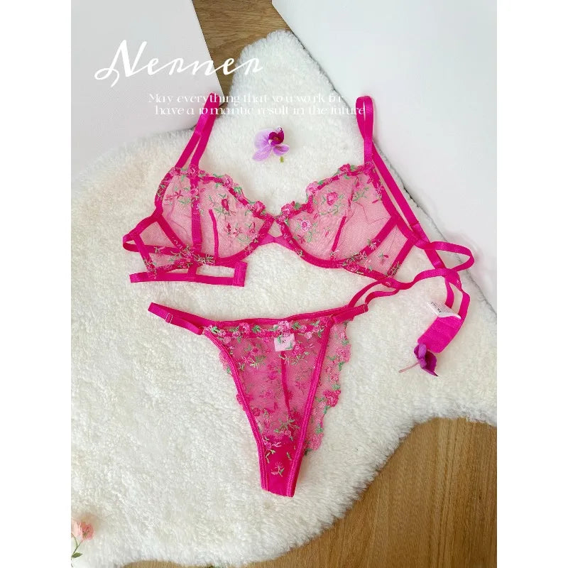 Kawaii japanisches Dessous-Set aus transparentem Tüll, rosa Blumenstickerei-BH, Bralette, reines passendes Set, BANERDANNI Tushy-BHs