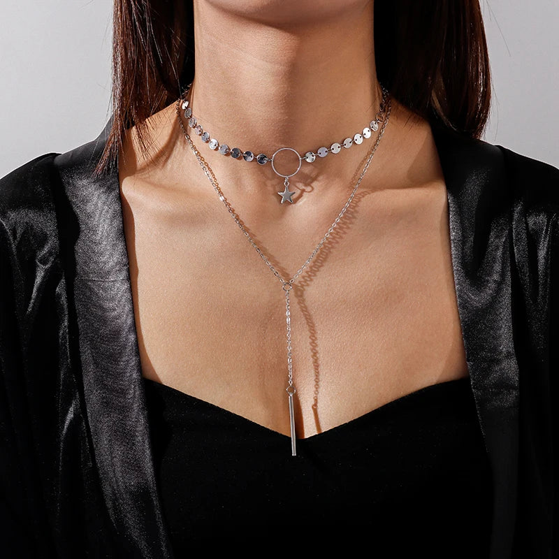 Aihua Minimalistische Halskette mit rundem Stab-Anhänger für Frauen, Schlüsselbein-Halskette, lange Kette, Modeschmuck, Statement-Geschenke für Mädchen