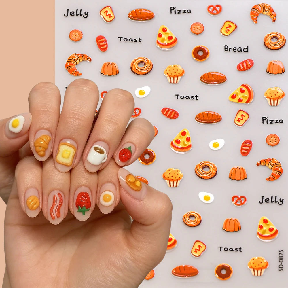 1 Blatt 5D Cartoon Toast Pizza Nagelaufkleber Niedliche Geprägte Brot-, Spiegelei- und Keks-Nagelsticker Frühstücks-Nagelslider