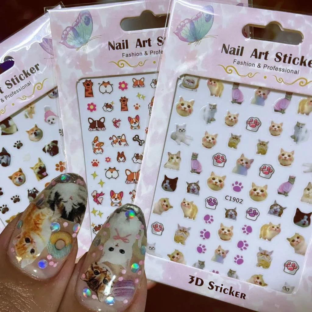 1Pc 3D Cartoon Nette Katze Nagel Kindliche Aufkleber Nette Kitty Welpen Hund Selbstklebende Nail art Haustier Tiere Maniküre schöne Aufkleber *