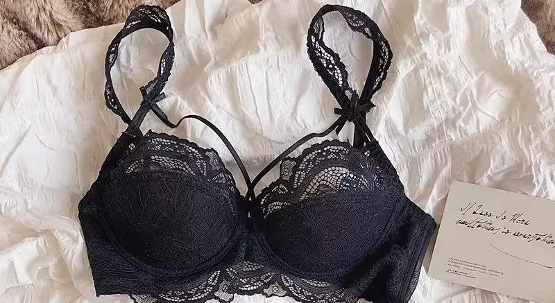 MOYISU Sexy Spitzen-Bralette-Set, kleine Brüste, französisches Design, abnehmbare Träger mit dünnen Push-Up-Pads, weiche Bügel-BH-Abdeckung, Oberteil AB