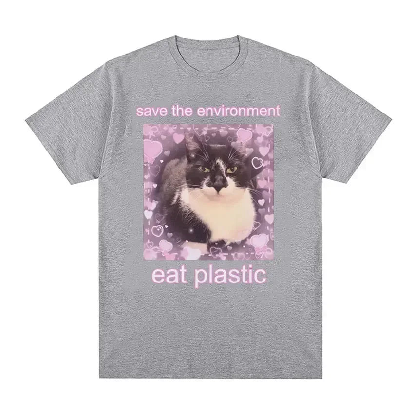 T-shirt Lustige Frauen Oansatz Kleidung T-shirts T-shirt Die Umwelt Essen Kunststoff Nette Katze Grafik Sommer Kurzarm Harajuku