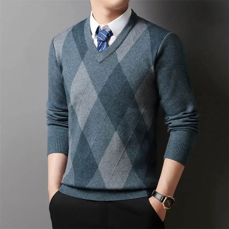 Winter Warm Neue männer Plaid V-ausschnitt Langarm Pullover Gestrickte Pullover Mode Lässig Vielseitig Top