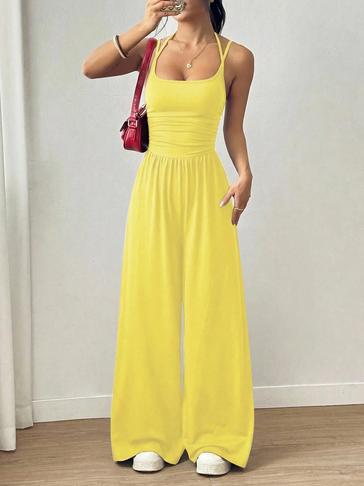 Damen Sommer Schwarz Lässiger Plissierter Lockerer Gerader Jumpsuit Ärmellos Hohe Taille Rückenfreier Overall Einfacher Trägeroverall