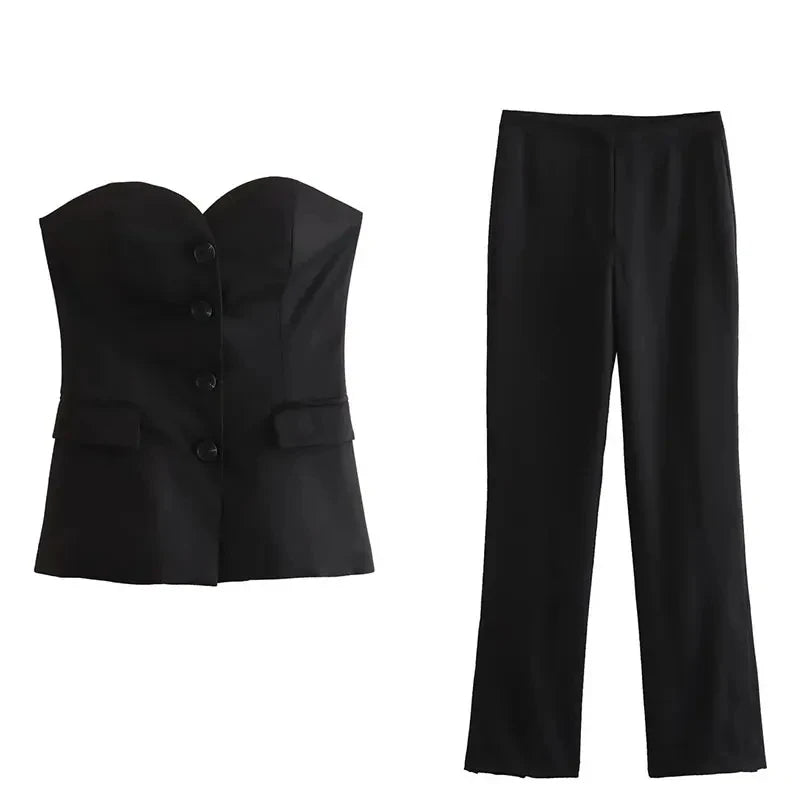 2024 Damen-Hosen-Set, einreihige Tasche, trägerlos, schmales Röhrenoberteil + wilde Damen-Hose mit geradem, weitem Bein und langer Hose, Straße