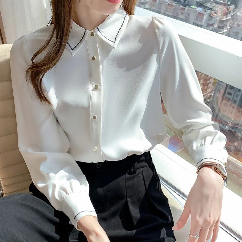 Frauen Frühling Herbst Stil Blusen Hemden Dame lässig Langarm Turn-Down-Kragen einfarbig Blusas Tops df4959