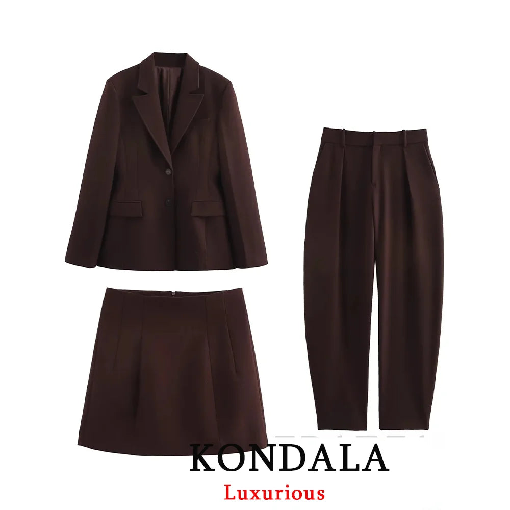 KONDALA Chic Casual Solide Frauen Anzug Taschen Taste Blazer Gerade Lose Hosen Zipper Rock Neue Mode 2025, Herbst Winter Sets