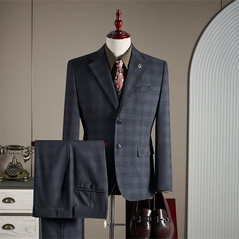 Hochwertiges, Modisches und Stilvolles Hochzeits-Casual-Karo-Anzug-Set, Herren Business-Casual-Anzug Dreiteiliges Set