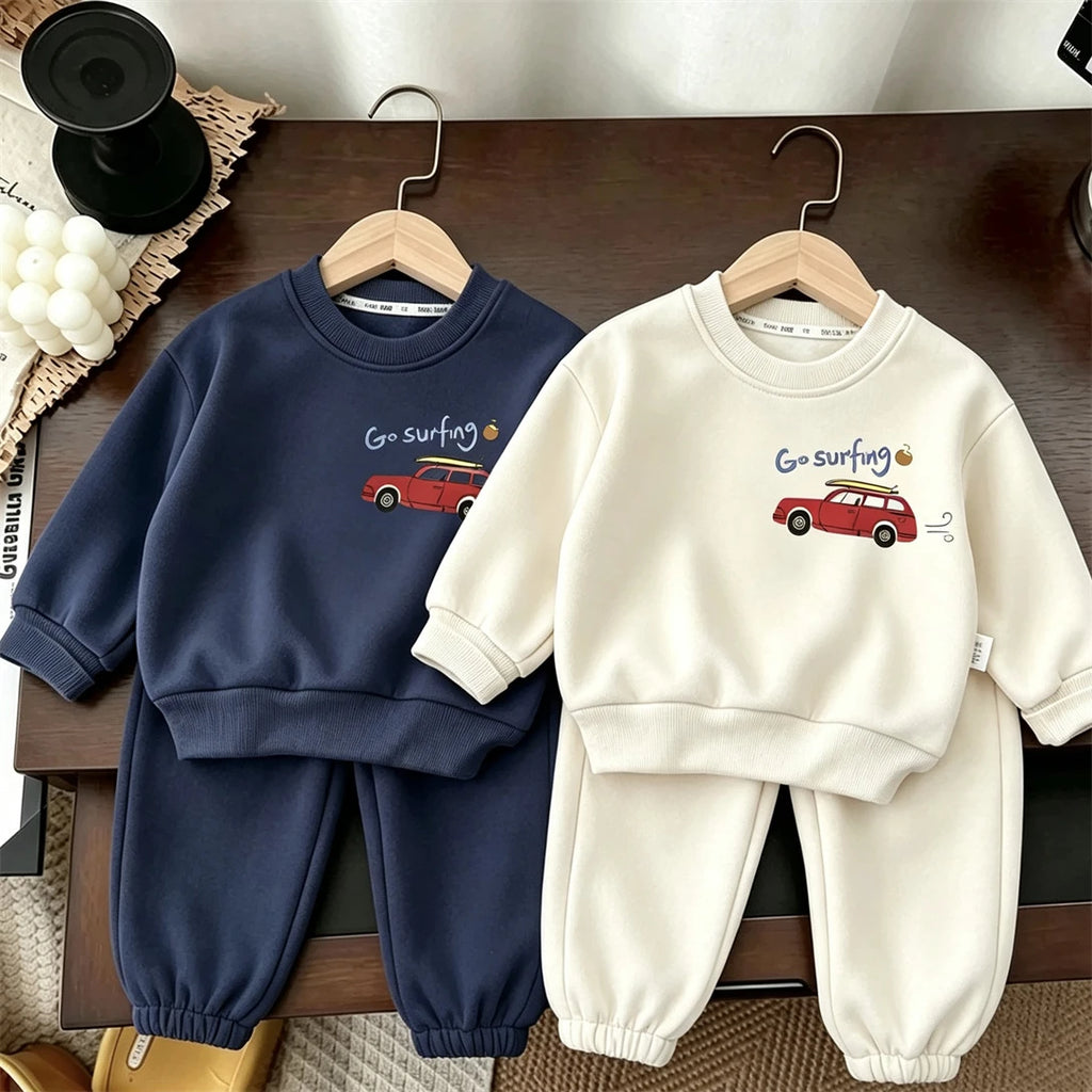 Herbst-Kostüm Langarm-Outfits für Kinder Rundhals-Sweatshirts Einfarbige Hosen 2-teilig Kleinkind Neuer Bedruckter Hoodie mit Hose