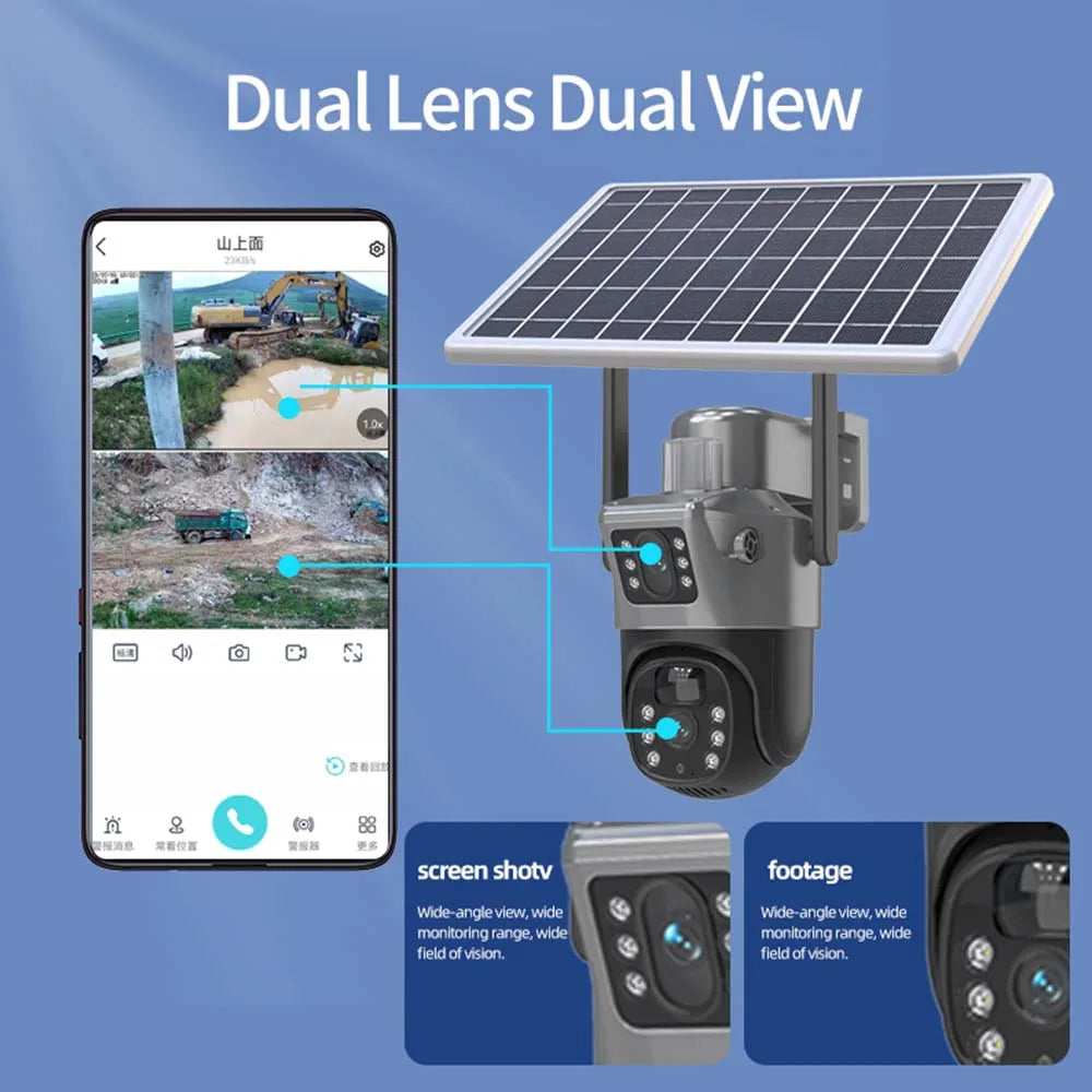 8MP 4K WiFi-Solarkamera, drahtlose Überwachungskamera für den Außenbereich, PIR-Personenerkennung, CCTV-Überwachungskameras, mit Solarpanel, PTZ-IP-Kamera mit zwei Objektiven, Sicherheitsschutz