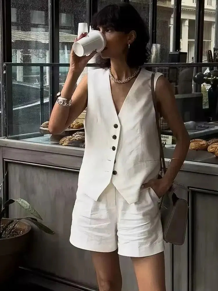 HH Frauen Hose Sets Vintage Solide Einreiher V-ausschnitt Weste Tops + Schlank Zipper Fly Shorts Sommer Büro Dame Anzug
